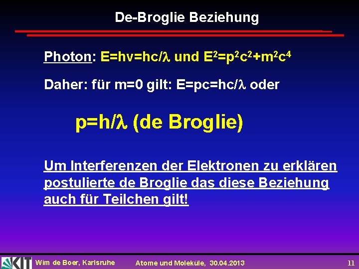 De-Broglie Beziehung Photon: E=hv=hc/ und E 2=p 2 c 2+m 2 c 4 Daher: