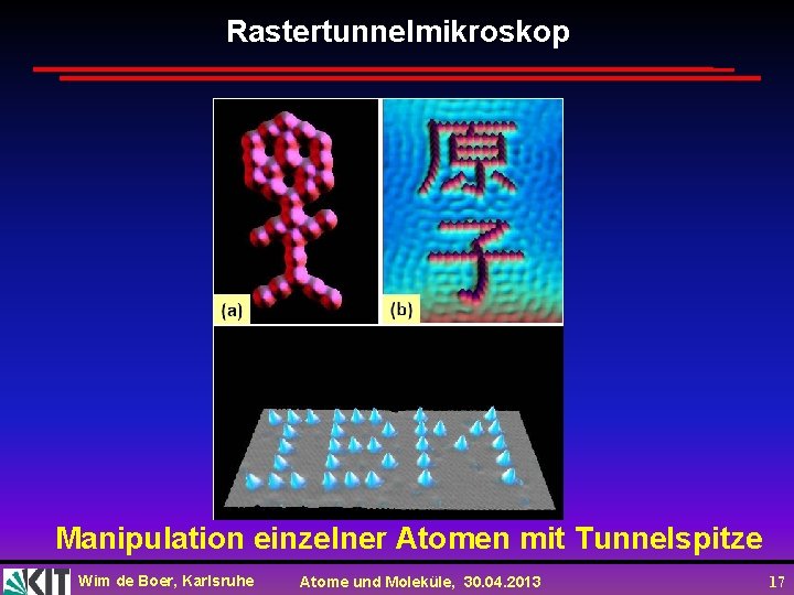 Rastertunnelmikroskop Manipulation einzelner Atomen mit Tunnelspitze Wim de Boer, Karlsruhe Atome und Moleküle, 30.