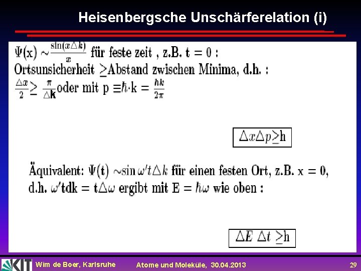 Heisenbergsche Unschärferelation (i) k k Wim de Boer, Karlsruhe Atome und Moleküle, 30. 04.