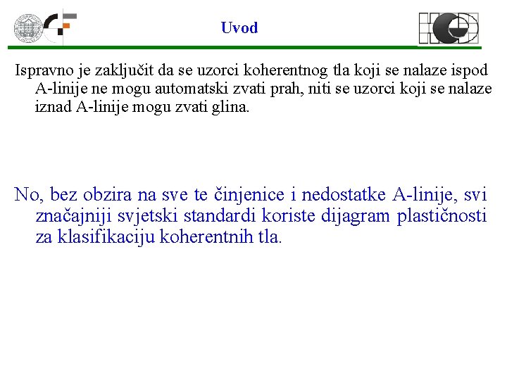 Uvod Ispravno je zaključit da se uzorci koherentnog tla koji se nalaze ispod A-linije