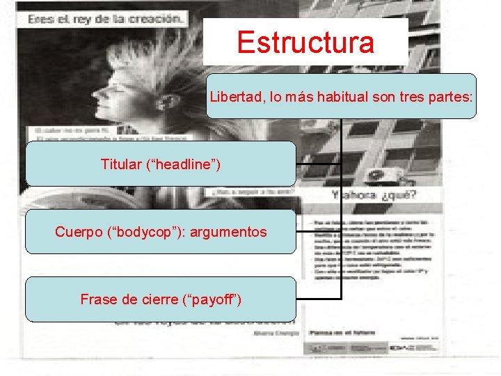 Estructura Libertad, lo más habitual son tres partes: Titular (“headline”) Cuerpo (“bodycop”): argumentos Frase