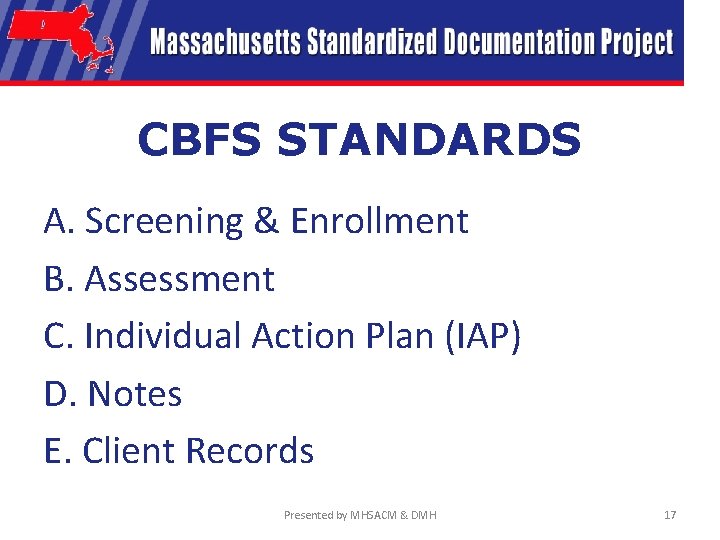 CBFS STANDARDS A. Screening & Enrollment B. Assessment C. Individual Action Plan (IAP) D.