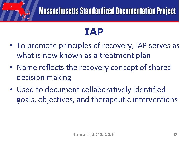 IAP • To promote principles of recovery, IAP serves as what is now known