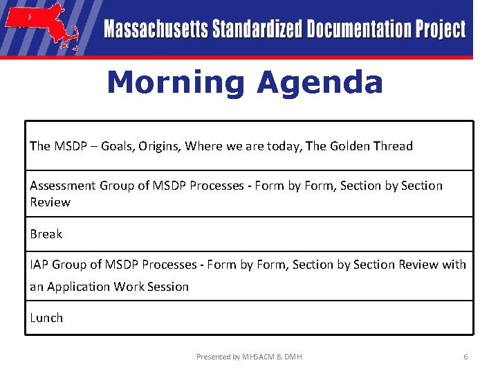 Morning Agenda The MSDP – Goals, Origins, Where we are today, The Golden Thread