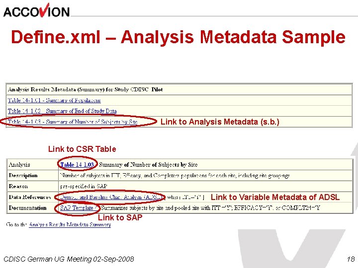 Define. xml – Analysis Metadata Sample Link to Analysis Metadata (s. b. ) Link