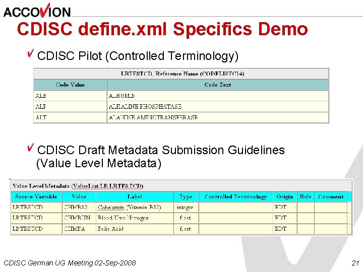 CDISC define. xml Specifics Demo CDISC Pilot (Controlled Terminology) CDISC Draft Metadata Submission Guidelines