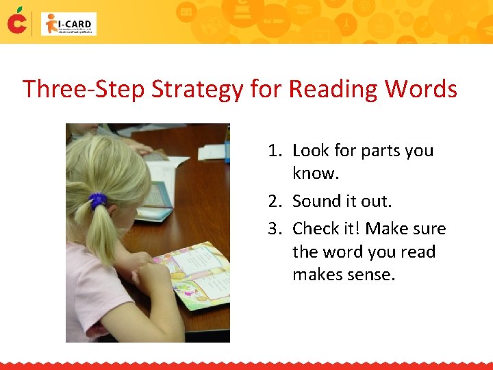 Three-Step Strategy for Reading Words 1. Look for parts you know. 2. Sound it