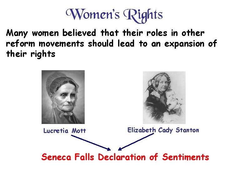 Women’s Rights Many women believed that their roles in other reform movements should lead