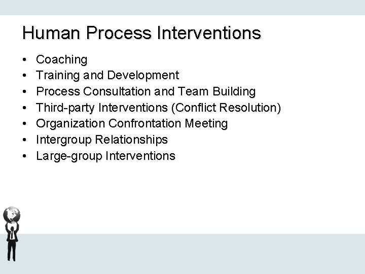 Human Process Interventions • • Coaching Training and Development Process Consultation and Team Building