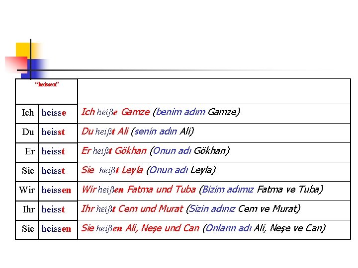 “heissen” Ich heisse Ich heiße Gamze (benim adım Gamze) Du heisst Du heißt Ali