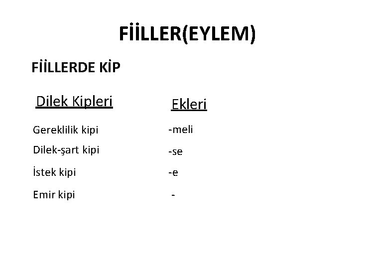 FİİLLER(EYLEM) FİİLLERDE KİP Dilek Kipleri Ekleri Gereklilik kipi -meli Dilek-şart kipi -se İstek kipi