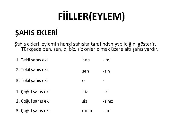 FİİLLER(EYLEM) ŞAHIS EKLERİ Şahıs ekleri, eylemin hangi şahıslar tarafından yapıldığını gösterir. Türkçede ben, sen,