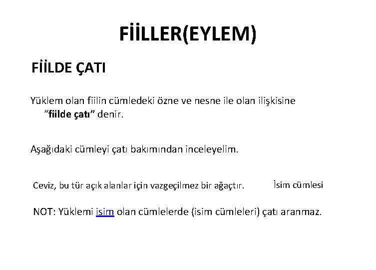 FİİLLER(EYLEM) FİİLDE ÇATI Yüklem olan fiilin cümledeki özne ve nesne ile olan ilişkisine “fiilde