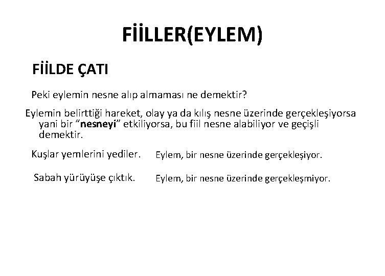 FİİLLER(EYLEM) FİİLDE ÇATI Peki eylemin nesne alıp almaması ne demektir? Eylemin belirttiği hareket, olay