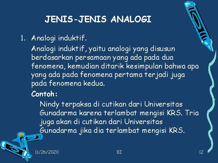 JENIS-JENIS ANALOGI 1. Analogi induktif, yaitu analogi yang disusun berdasarkan persamaan yang ada pada