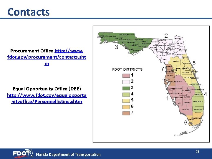 Contacts Procurement Office http: //www. fdot. gov/procurement/contacts. sht m Equal Opportunity Office (DBE) http:
