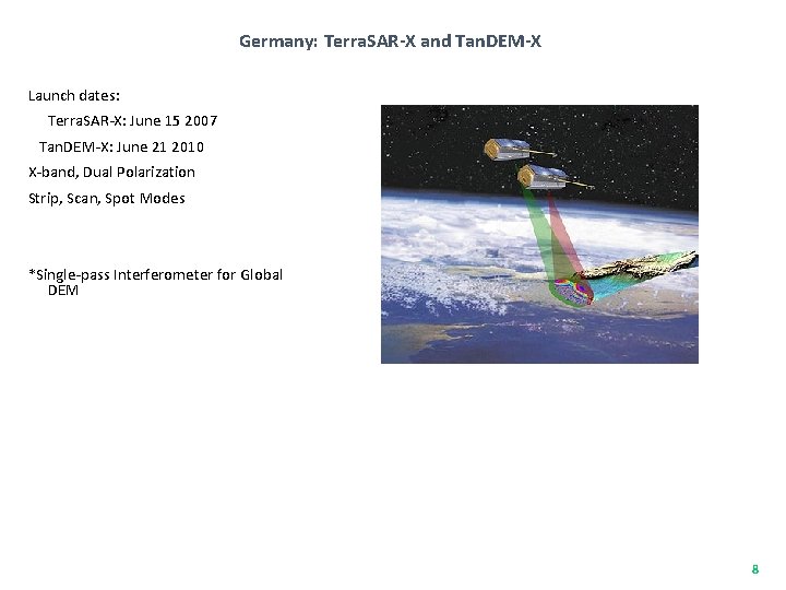 Germany: Terra. SAR-X and Tan. DEM-X Launch dates: Terra. SAR-X: June 15 2007 Tan.