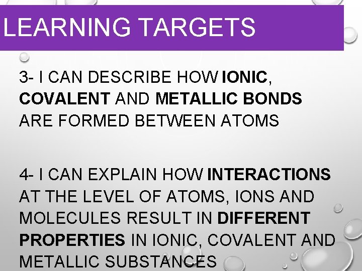 LEARNING TARGETS 3 - I CAN DESCRIBE HOW IONIC, COVALENT AND METALLIC BONDS ARE