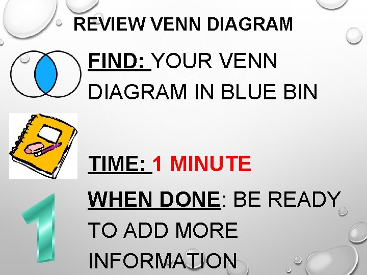 REVIEW VENN DIAGRAM FIND: YOUR VENN DIAGRAM IN BLUE BIN TIME: 1 MINUTE WHEN