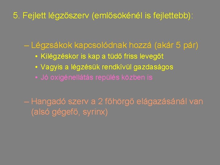 5. Fejlett légzőszerv (emlősökénél is fejlettebb): – Légzsákok kapcsolódnak hozzá (akár 5 pár) •