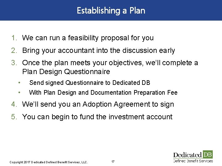 Establishing a Plan 1. We can run a feasibility proposal for you 2. Bring