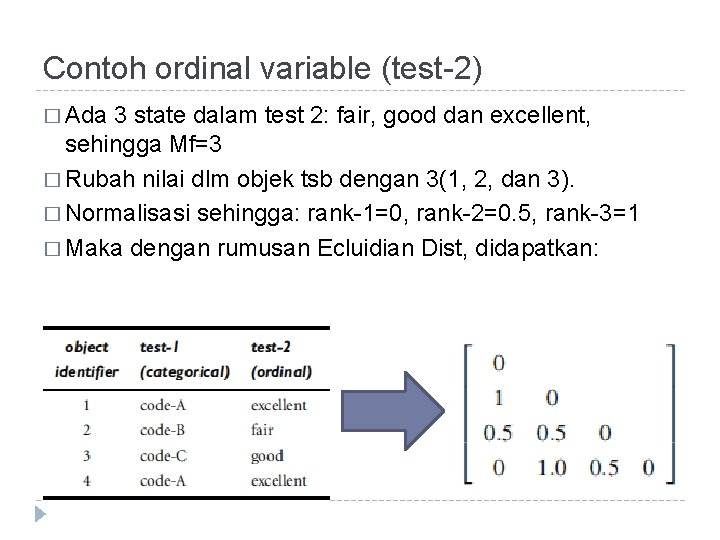 Contoh ordinal variable (test-2) � Ada 3 state dalam test 2: fair, good dan Contoh ordinal variable (test-2) � Ada 3 state dalam test 2: fair, good dan