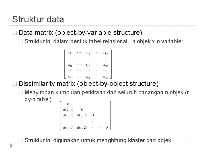 Struktur data � Data � matrix (object-by-variable structure) Struktur ini dalam bentuk tabel relasional, Struktur data � Data � matrix (object-by-variable structure) Struktur ini dalam bentuk tabel relasional,