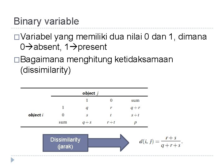Binary variable �Variabel yang memiliki dua nilai 0 dan 1, dimana 0 absent, 1 Binary variable �Variabel yang memiliki dua nilai 0 dan 1, dimana 0 absent, 1