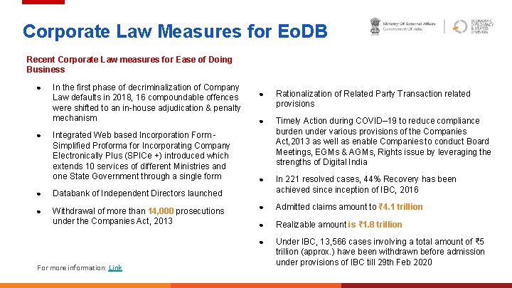 Corporate Law Measures for Eo. DB Recent Corporate Law measures for Ease of Doing