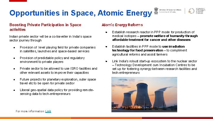 Opportunities in Space, Atomic Energy Boosting Private Participation in Space activities Atomic Energy Reforms