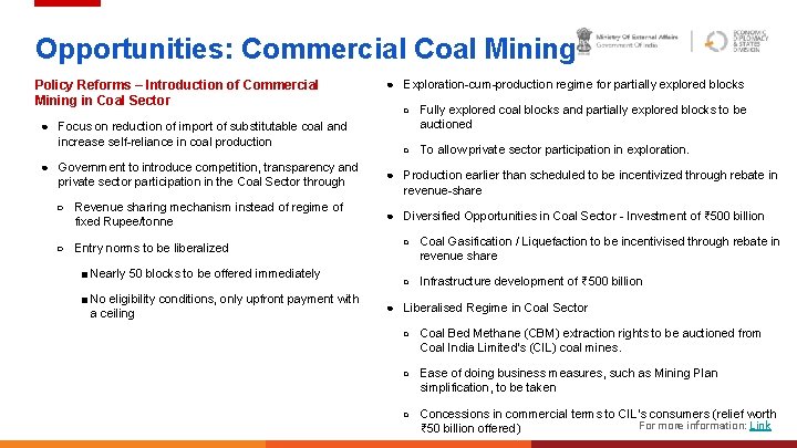 Opportunities: Commercial Coal Mining Policy Reforms – Introduction of Commercial Mining in Coal Sector