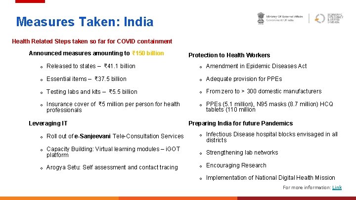 Measures Taken: India Health Related Steps taken so far for COVID containment Announced measures