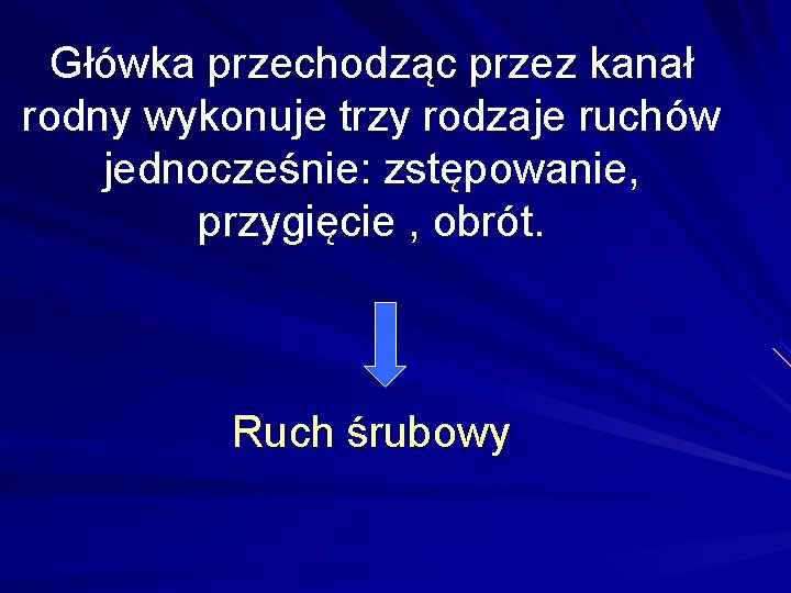 Główka przechodząc przez kanał rodny wykonuje trzy rodzaje ruchów jednocześnie: zstępowanie, przygięcie , obrót.