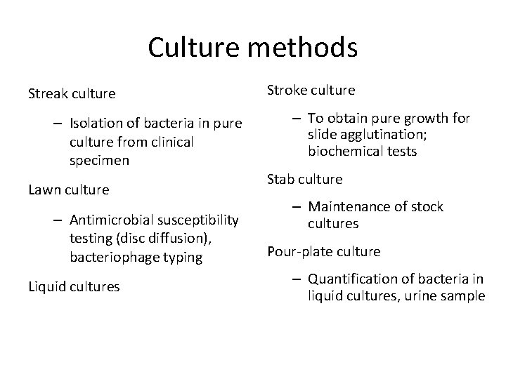 Culture methods Streak culture – Isolation of bacteria in pure culture from clinical specimen