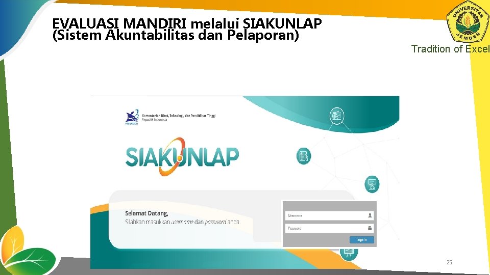 EVALUASI MANDIRI melalui SIAKUNLAP (Sistem Akuntabilitas dan Pelaporan) Tradition of Excel 25 