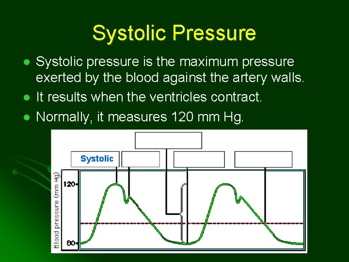 Systolic Pressure l l l Systolic pressure is the maximum pressure exerted by the
