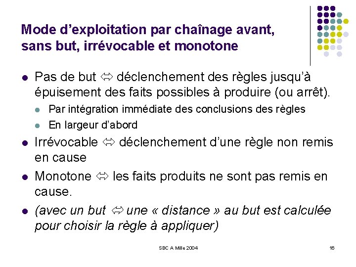 Mode d’exploitation par chaînage avant, sans but, irrévocable et monotone l Pas de but