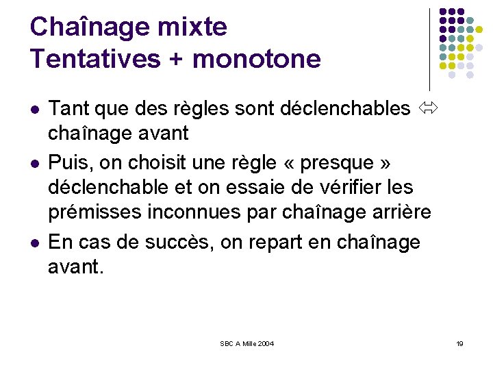 Chaînage mixte Tentatives + monotone l l l Tant que des règles sont déclenchables