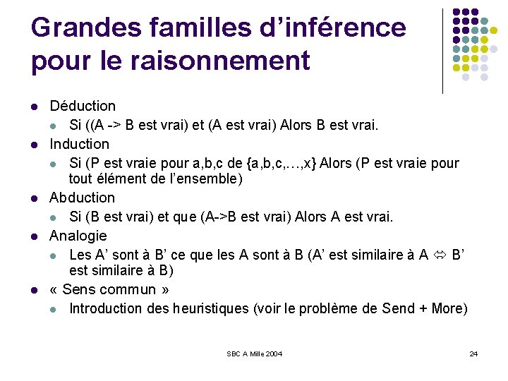 Grandes familles d’inférence pour le raisonnement l l l Déduction l Si ((A ->