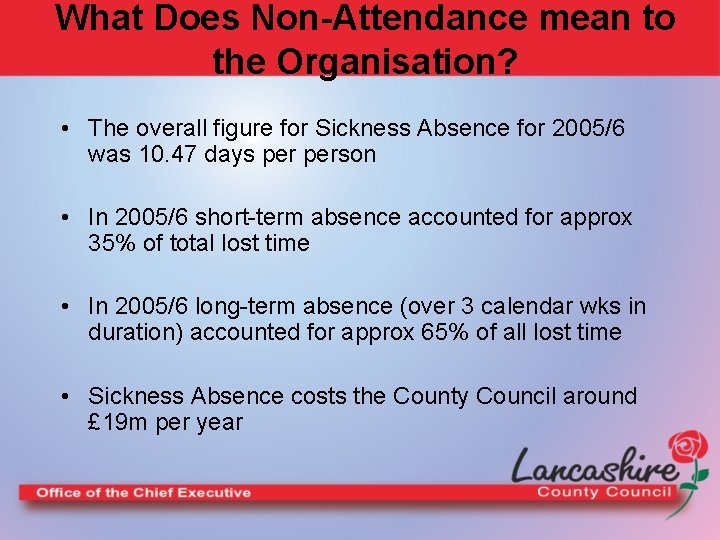 What Does Non-Attendance mean to the Organisation? • The overall figure for Sickness Absence