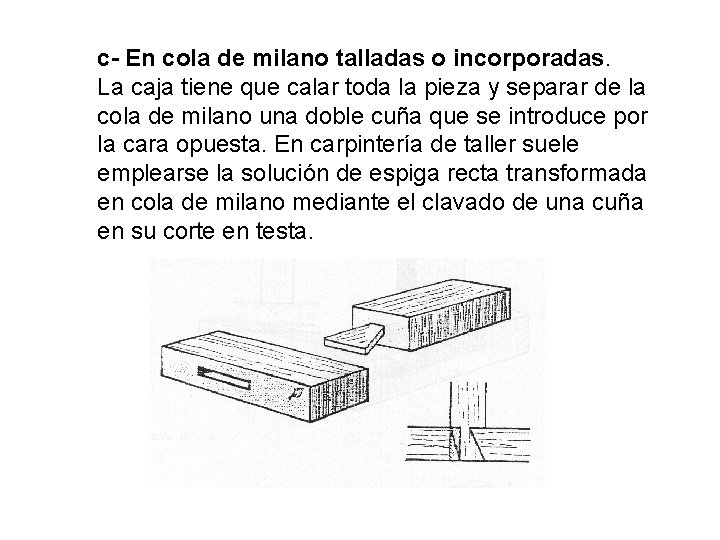 c- En cola de milano talladas o incorporadas. La caja tiene que calar toda