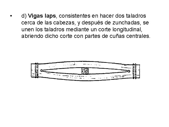  • d) Vigas laps, consistentes en hacer dos taladros cerca de las cabezas,