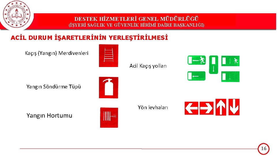 DESTEK HİZMETLERİ GENEL MÜDÜRLÜĞÜ (İŞYERİ SAĞLIK VE GÜVENLİK BİRİMİ DAİRE BAŞKANLIĞI) ACİL DURUM İŞARETLERİNİN