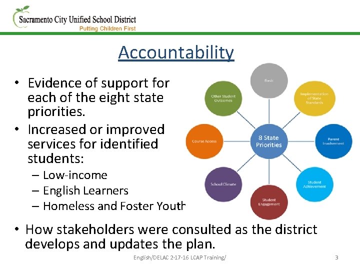Accountability • Evidence of support for each of the eight state priorities. • Increased