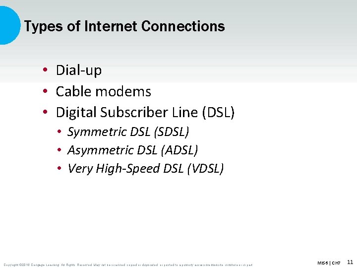 Types of Internet Connections • Dial-up • Cable modems • Digital Subscriber Line (DSL)