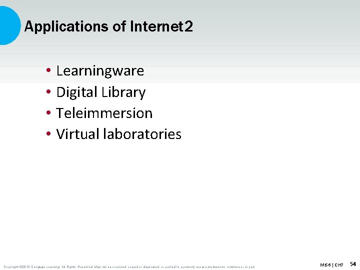 Applications of Internet 2 • • Learningware Digital Library Teleimmersion Virtual laboratories Copyright ©