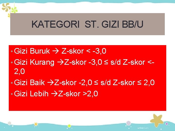 KATEGORI ST. GIZI BB/U • Gizi Buruk Z-skor < -3, 0 • Gizi Kurang