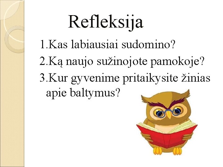  Refleksija 1. Kas labiausiai sudomino? 2. Ką naujo sužinojote pamokoje? 3. Kur gyvenime