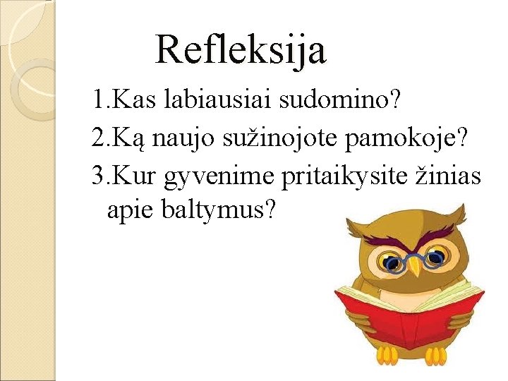  Refleksija 1. Kas labiausiai sudomino? 2. Ką naujo sužinojote pamokoje? 3. Kur gyvenime