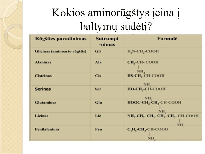 Kokios aminorūgštys įeina į baltymų sudėtį? 